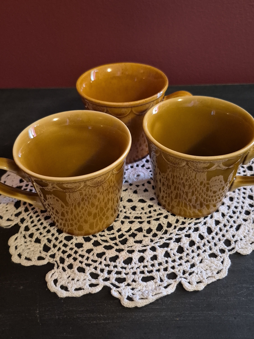Vintage Stoneware Coffee Mugs in Warm Mustard Brown - Set of 3